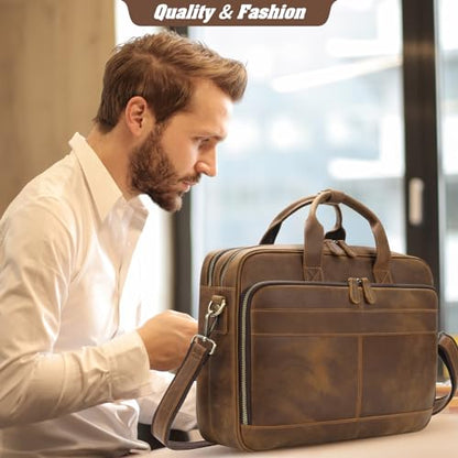 Jack&Chris Full Grain Leather Briefcase for Men, Business Messenger Bag Laptop Bag Attache Case, Fits 15.6 Inch Laptop - color: Brown New-15.6inch