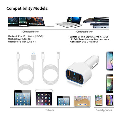 BatPower CPD2 High Power Delivery 120W USB-C Laptop Car Charger Compatible with New MacBook Pro Air USB C Laptop HP Dell Razer Surface Vehicle Charger DC 12v-24v auto Power Supply with Dual USB QC - color: White