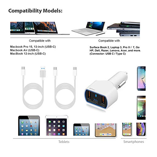 BatPower CPD2 High Power Delivery 120W USB-C Laptop Car Charger Compatible with New MacBook Pro Air USB C Laptop HP Dell Razer Surface Vehicle Charger DC 12v-24v auto Power Supply with Dual USB QC - color: White