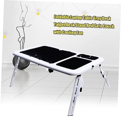 TEHAUX Foldable Laptop Table Tray Desk Quiet Fans Adjustable Height and Angle Non-Slip Legs Mouse Platform USB Cooling for Bed Sofa Couch Black and White Plastic Lap Desk