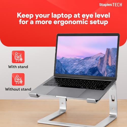 Staples TECH Adjustable Aluminum Laptop Stand – Fits 11"–17" Laptops, Ergonomic Eye‑Level Riser with Ventilated Cooling & Anti‑Slip Base, Silver - style: Silver