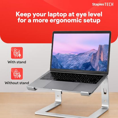 Staples TECH Adjustable Aluminum Laptop Stand – Fits 11"–17" Laptops, Ergonomic Eye‑Level Riser with Ventilated Cooling & Anti‑Slip Base, Silver - style: Silver