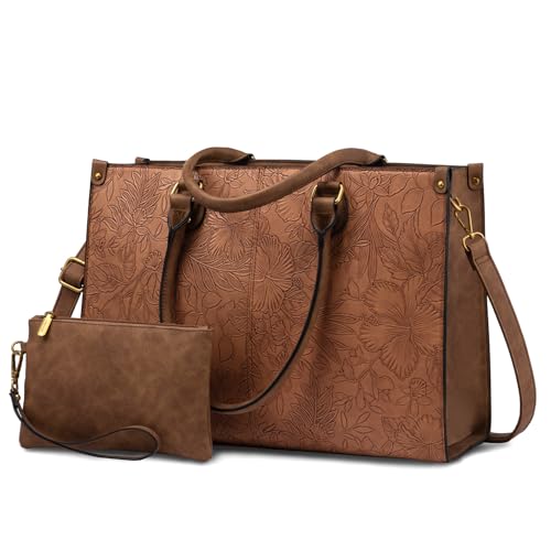 LOVEVOOK Laptop Tote Bag for Women, 15.6 Inch Embossed Vintage Leather Work Bag with Matching Clutch, Large Capacity Waterproof Computer Tote for Office, Business Travel & Daily Use, Gift for Women - color: Brown Embossed, size: 15.6 inch