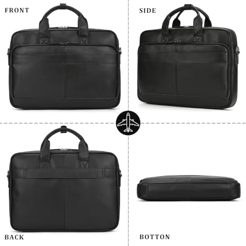 Leather Laptop Bag for Men Briefcase Fits 15.6 Inch Notebook Portable Shoulder Messenger Crossbody Bag for Travel Office - color: Black