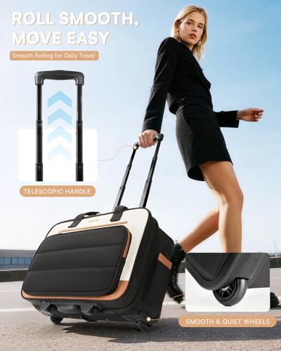 Rolling Laptop Bag Women,Puffer Rolling Briefcase, 16 inch Wheeled Laptop Bag,Stylish Overnight Underseat Water Resistant Carry On Luggage with Wheels for Work Travel Business,Ribbed Beige Brown - color: Ribbed Beige Brown