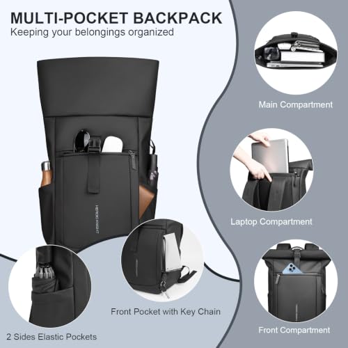 Rolltop Laptop Backpack, Expandable 20-27L Travel Backpack for Men Women | Water-Resistant Casual Daypack with Quick-access Rear Zipper for 15.6 inch Computer, Laptop Bag for Commute/College/Hiking