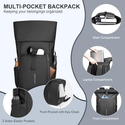 Rolltop Laptop Backpack, Expandable 20-27L Travel Backpack for Men Women | Water-Resistant Casual Daypack with Quick-access Rear Zipper for 15.6 inch Computer, Laptop Bag for Commute/College/Hiking