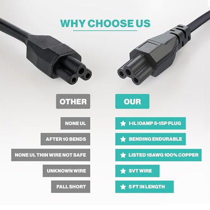 3 Prong Notebook Power Cord 125V 10ft Long Replacement Laptop Notebook 3 pin Charger Cable IEC320 C5 to NEMA 5-15P - size: 10FT