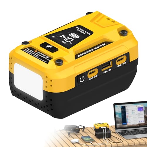 140W USB Battery Charger Adapter Compatible with DeWalt 20V Battery | PD 3.1 Fast Charging with Dual USB-C, 18W USB-A, Portable Phone Charger with 700LM LED Work Light and LED Screen Display - color: Yellow