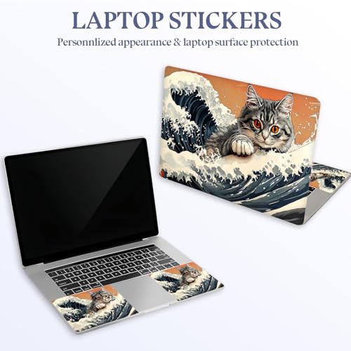 Universal Laptop Skin Sticker Decal,15.6 Inch Laptop Vinyl Cover for 13" 14" 15.6" Laptop,Scratch-Resistant Waterproof Protector Wrap,Reusable with Wrist Pads,Wave Cat - color: Wave Cat