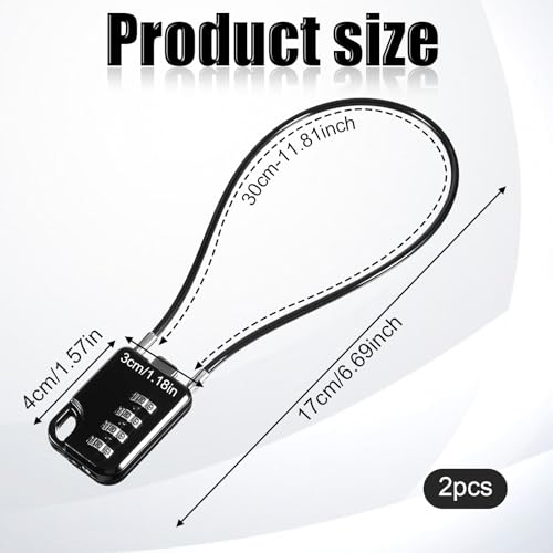 2 PCS Compact Design Resettable 4-Digit Combination Padlock with 12 Inches Long Cable, Small Cable Locks with Combination Durable Stainless Steel Cables Combo Lock Multipurpose Lock for Suitcase, Gym