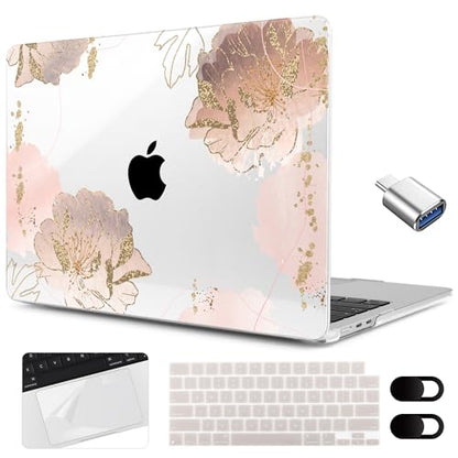 MEEgoodo Case for M5/M4/M3/M2 MacBook Air 15 inch Case 2026 2025 2024 2023, Laptop Shell Fit Model (A3448/A3241/A3114/A2941) for MacBook Air 15.3-inch, Pink Peony Flowers - color: Pink Peony Flowers