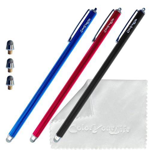 3-Pack 7.3’’ Fine Micro-Knit Mesh Tip Capacitive Stylus Pens for Touch Screens with Replaceable Mesh Tips, Extra Long Universal Stylus Pens and Cleaning Cloth (Black, Blue, Red) - color: Black, Blue, Red