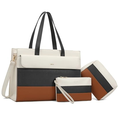 Keyli 3pcs Laptop Bag for Women 15.6 Inch Leather Work Tote Bags Professional Business Office Computer Shoulder Briefcase - color: Sets-black-white-brown