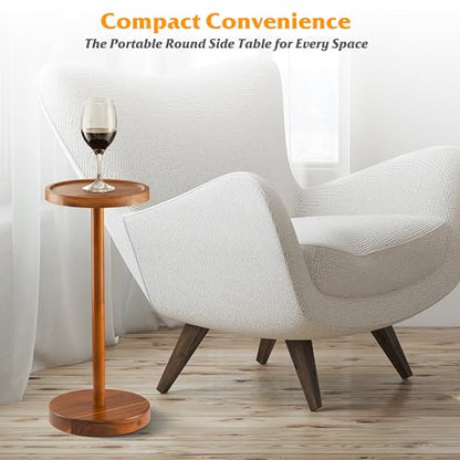 BLUEWEST 22 Inch Tall Drink Table with Phone Slot and Weighted Base, Acacia | Compact, Durable Pedestal Table for Living Rooms, Bedrooms or Offices, Designed for Cocktails, Martinis and Everyday Drinks. - color: Acacia