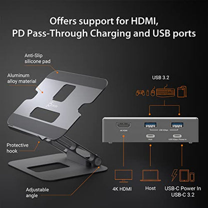 j5create Laptop Stand with USB C 4K HDMI Display Hub - 2 USB A 5Gbps, PD 100W with USB-C 5Gbps | Aluminum Computer Riser for MacBook and Windows Notebook (JTS327) | 2 USB A 5Gbps, PD 100W with USB-C 5Gbps | Aluminum Computer Riser for MacBook and Windows