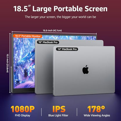 VisionOwl Portable Monitor for Laptop, IPS USB-C HDMI Travel Second Monitor for MacBook Pro Air, PC, PS5, Xbox, Portable Second Screen, Built-in Kickstand, Speakers, VESA Mountable, 18.5 Inch - size: 18.5