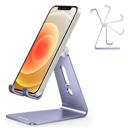 OMOTON Adjustable Cell Phone Stand, C2 Aluminum Desktop Cellphone Stand with Anti-Slip Base and Convenient Charging Port, Fits All Smart Phones, Haze Purple | Sturdy 3mm Aluminum, Charging Port, 270° Adjustable, Non-Slip Silicone Pads, Works with Thick Ca