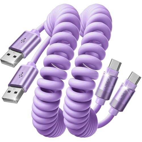 LISEN Coiled USB C Cable, 2 Pack for Android Auto & CarPlay Cable, Short USB A to USB C Cable Compatible with iPhone 17/16/15, Samsung Galaxy S25/S24/S23 A15/A14, Google Pixel 9/8, Purple 4FT - color: Purple, size: 4FT
