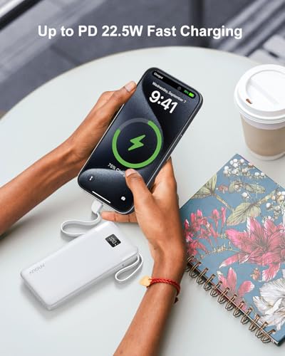 Portable Charger 10000mAh Power Bank w/Built-in 3 Cables & AC Wall Plug | 22.5W Fast Charging, Pass Through Charging, 0.68in Ultra Slim, TSA Approved, Travel Essential for iPhone/Samsung/iPad - color: White
