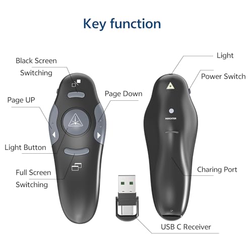 [2 in 1 USB C + Rechargeable] Presentation Clickers, Powerpoint Clicker Wireless Presenter Remote, Presentation Pointer PPT Slideshow Advancer Remote Control Slide USB Clicker for Computer, Mac - style: Red Light-Rechargeable