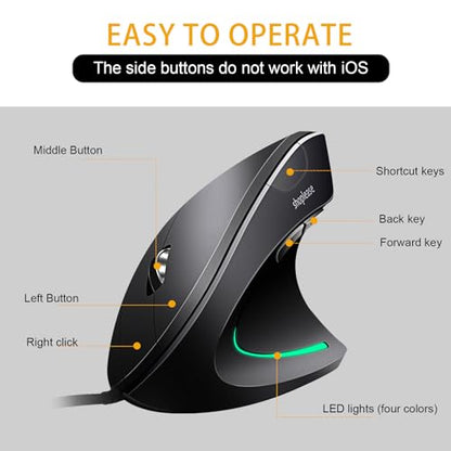 Wired Vertical Mouse, Optical Ergonomic Mouse with 4 Adjustable 800/1200/2000/3200, 5 Buttons USB Computer Mouse, Better for Large and Medium Sized Hands