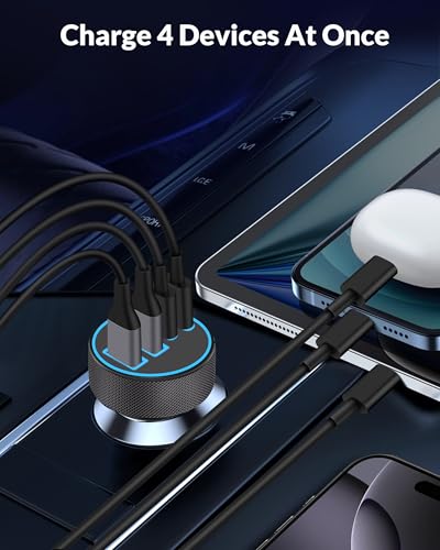 iPhone 17 16 15 Car Charger Fast Charging, 90W 4Port USB C Fast Car Charger | Cigarette Lighter Adapter, with 240W 3FT USB-C Cable, for iPhone 17/Air/17 Pro Max/17e/16/15 Pro Max/Plus/16e, iPad, Android - color: Black