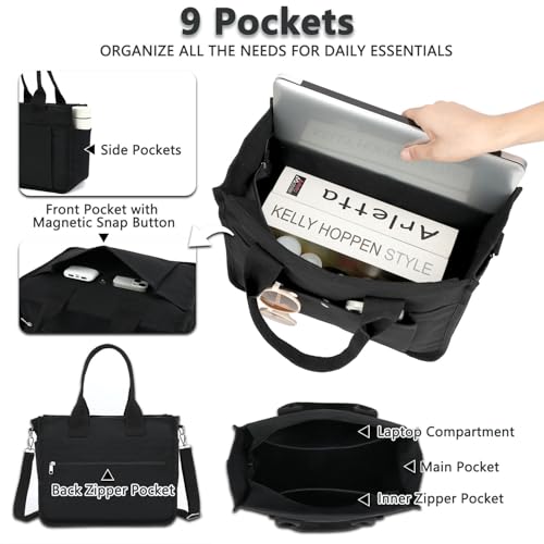 Fammart Large Canvas Tote Bag for Women with Zipper & Compartments, Crossbody Laptop Bags for Work College Travel - color: Black