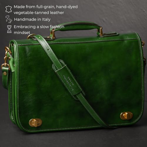 Time Resistance Leather Briefcase for Men - Italian Full Grain Leather Laptop Bag - Messenger Bag - Gift Box Included - color: Green