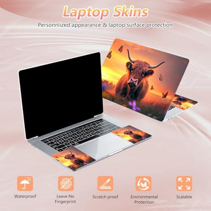 Laptop Skin Sticker Decal 12" 13" 13.3" 14" 15" 15.6",Waterproof Scratch Resistant Vinyl,Reusable Easy to Apply,for MacBook HP Dell Notebooks Netbooks Laptop,2 Wrist Pads,Cow Butterfly Dusk - color: Cow Butterfly Dusk