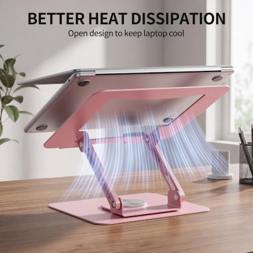 SOUNDANCE 360 Rotating Laptop Stand, Ergonomic Computer Riser for Desk, Adjustable Height Multi-Angle Metal Holder, Foldable Portable Notebook Elevating Base for Office & Home, Pink - color: Pink