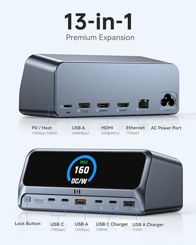 Selore Laptop Docking Station Dual HDMI Monitor 13-in-1 USB-C Dock | 2.26" LCD Display,160W Max Output, Dual 4K HDMI, 10Gbps USB A/C, 100W PD, Gigabit Ethernet,for Dell HP Lenovo Windows Laptops - color: Space Grey