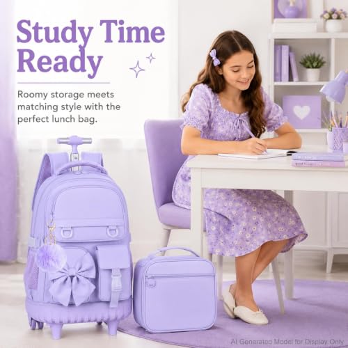 3Pcs Rolling Backpack for Girls Women, School Kids Roller Bookbag with Wheels, Wheeled Backpacks Set for Elementary (Purple) - color: Bow Purple