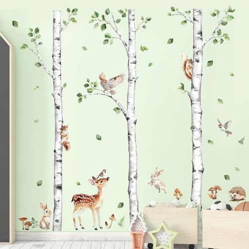 Large Birch Tree Wall Decals Forest Animal Stickers | Deer Rabbit Squirrel Owl Vinyl Wall Art Sticker Peel and Stick Decal for Baby Nursery Kids Room Home Decor (H: 60.2 In) - style: H60.2" White
