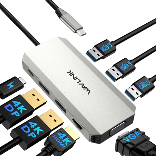 WAVLINK Laptop Docking Station, Quad Monitors, Dual DisplayPort, HDMI, VGA | Single 8K@60Hz, 100W PD in,3×USB-A for wireless devices, Compatible with Dell/HP/Lenovo, Windows Only