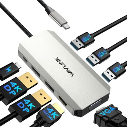 WAVLINK Laptop Docking Station, Quad Monitors, Dual DisplayPort, HDMI, VGA | Single 8K@60Hz, 100W PD in,3×USB-A for wireless devices, Compatible with Dell/HP/Lenovo, Windows Only