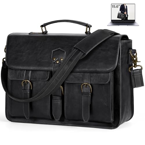 RAINSMORE Messenger Bag for Men, Vintage Large Laptop Briefcase PU Leather | 15.6 Inch Laptop Bag Waterproof Computer Satchel for Office Work Travel College, Black - color: Black, size: 15.6 inch