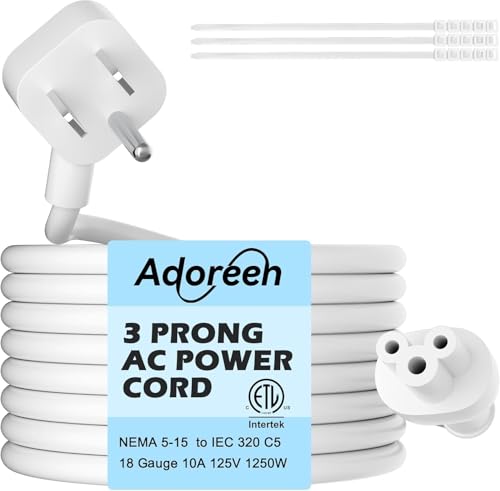 Adoreen 45 Degree Angled Flat Plug Mickey Mouse Replacement Laptop Power Cord 10 Ft, Seamless 5-15P to IEC 320 C5 3-Prong Universal AC Cable for PC Notebook Printer Dell HP TV, 18AWG, ETL+Ties-White - size: 10FT, style: Angled to Straight