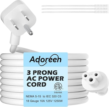 Adoreen 45 Degree Angled Flat Plug Mickey Mouse Replacement Laptop Power Cord 20 Ft, Seamless 5-15P to IEC 320 C5 3-Prong Universal AC Cable for PC Notebook Printer Dell HP TV, 18AWG, ETL+Ties-White - size: 20FT, style: Angled to Straight
