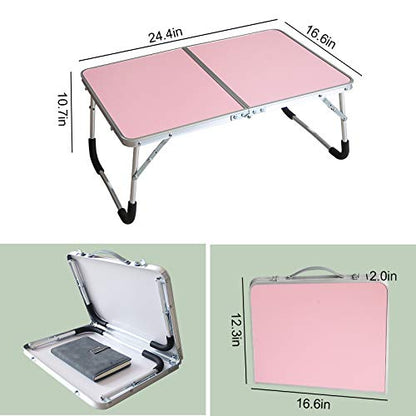 Foldable Laptop Table, Bed Desk, Breakfast Serving Bed Tray, Pink | [Portable Mini Picnic Table & Ultra Lightweight] [Folds in Half with Inner Storage Space] - color: Pink