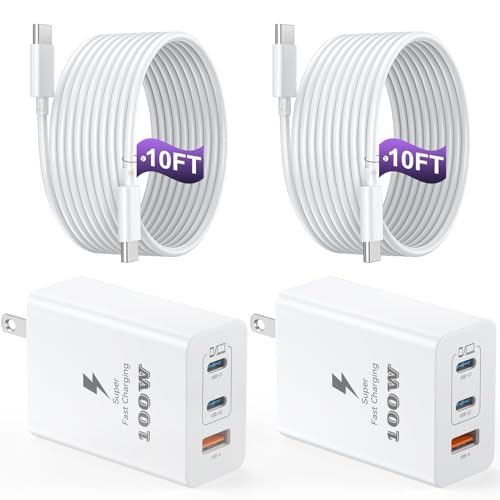 USB C Charger Block 100W, 3-Port GaN Super Fast Phone Charger for Samsung, Type C 65W Laptop Chargers with 10ft USB C Charging Cable for MacBook Pro/Air,iPad Pro, iPhone 17/16, S26 Ultra/S25[2 Pack] - color: White