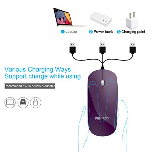 FENIFOX Bluetooth Mouse Slim, Whisper-Quiet Mini Flat Portable Mobile Mice Rechargeable Compatible with Laptop,PC,Android Windows Tablet - Deep Purple - color: Deep Purple
