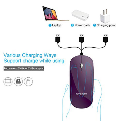 FENIFOX Bluetooth Mouse Slim, Whisper-Quiet Mini Flat Portable Mobile Mice Rechargeable Compatible with Laptop,PC,Android Windows Tablet - Deep Purple | Flat, Portable, Whisper Quiet, 3 Buttons Design , 2400 DPI Precision for iPad Laptop MacBook Tablet iP