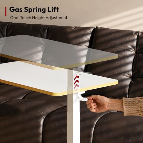 SANODESK Medical Adjustable Overbed Bedside Table with Hidden Casters, Pneumatic Mobile Laptop Computer Standing Desk Cart Overbed Table with Tray, Hospital and Home Use(27.6" W x 15.7" D, White) - color: White Maple, size: Small