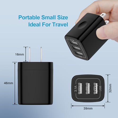 USB Wall Charger Plug Multi Port Quick Charge Block Cube 3.1A Power Adapter | For iPhone 17e 17 Pro Max Air 16e 16 15 14 13 12 Pro Max XS 8 iPad Samsung Galaxy S26 S25 S24 S23 Ultra/Note20 Ultra, 2Pack - color: all black