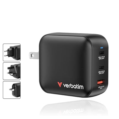 Verbatim Mini GaN Wall Charger 100W 3 Port 2X USB-C Ports PD 3.0 (PPS) up to 100W 1x USB-A Port QC 3.0 up to 30W - size: 3 Ports, style: 100W