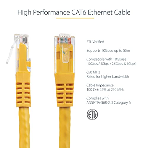 StarTech 3ft CAT6 Ethernet Cable - Yellow CAT 6 Gigabit Ethernet Wire -250Mhz 100W PoE RJ45 UTP Molded Network Patch Cord with Strain Relief (C6PATCH3YL) | 250MHz bandwidth, Gold-plated RJ45, Patch Cable, Ethernet Cord, UTP Molded Network, Strain Relief,