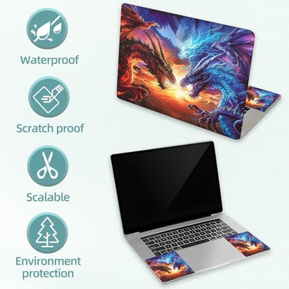 Universal Laptop Skin Decal, 3-Piece Vinyl Protector for 12 13 14 15.6" Notebook, Waterproof Anti-Scratch, Easy Trim & Bubble-Free Finish, Red and Blu Dragons Facing - color: Red and Blu Dragons Facing