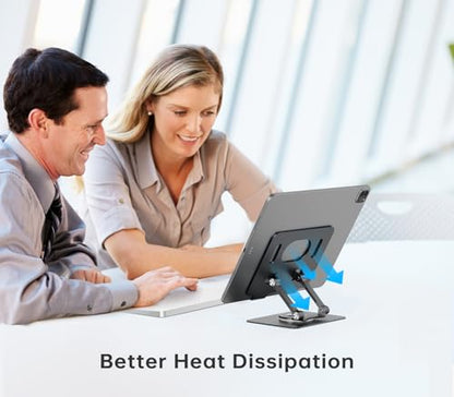 Orlian Tablet Stand Holder with 360° Rotating Base Dual Rod Aluminum Adjustable Tablet Stand for Desk Compatible with iPad Samsung Phone Kindle E-Reader and More, Black - color: Black
