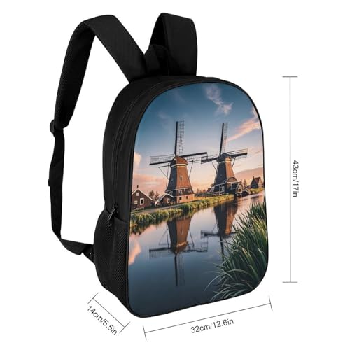 17-Inch Laptop Backpack Water-Resistant Dutch Windmill Daypack with Shoulder Strap Lightweight Casual Rucksack for Travel Commuter Hiking Outdoor Activities 20l Black